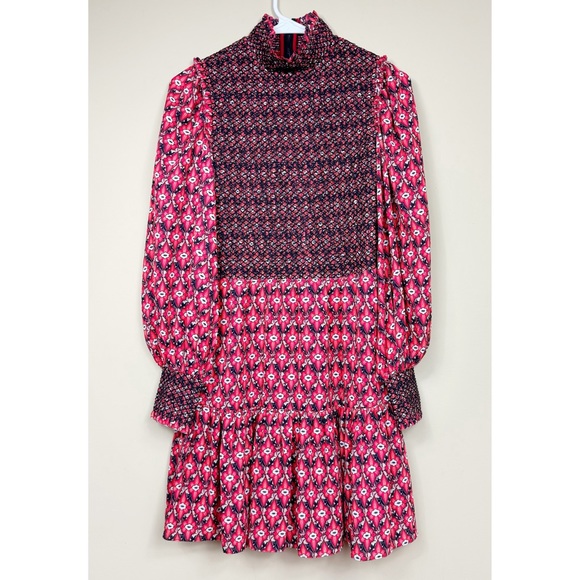 Alice + Olivia Elvira Tiered Long Sleeve Smocked Mini Dress in Red/Black Size 4 - Picture 6 of 16